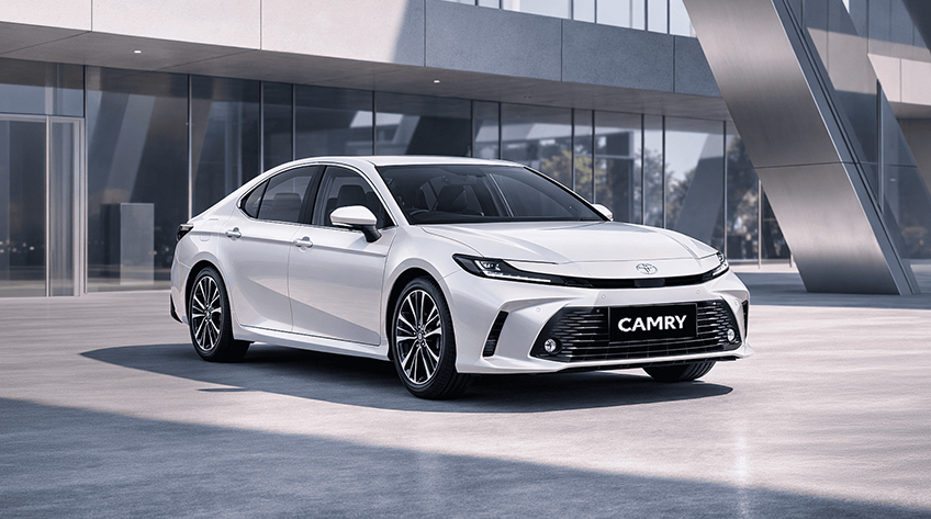 A white Toyota Camry sedan is parked in front of a modern glass building with geometric architectural features and sunlight casting shadows.